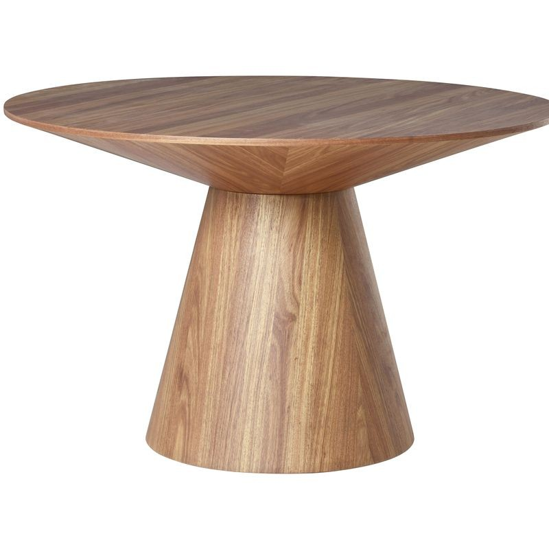 LeisureMod 5-Piece Dining Set with Round Wooden Table in Natural Wood and 4 Leather Dining Chairs in Walnut/Light Brown Table.