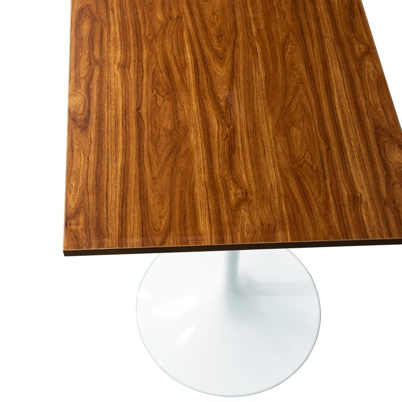 LeisureMod Verve Collection 24 Square Top Bar Height Table, White Base with Dark Maple MDF Top Closeup.