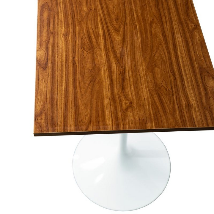LeisureMod Verve Collection 24 Square Top Bar Height Table, White Base with Dark Maple MDF Top Closeup.