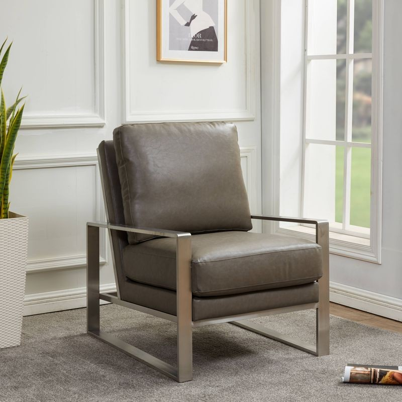 LeisureMod Jefferson Faux Leather Modern Design Accent Armchair with Elegant Silver Frame Grey with Background.