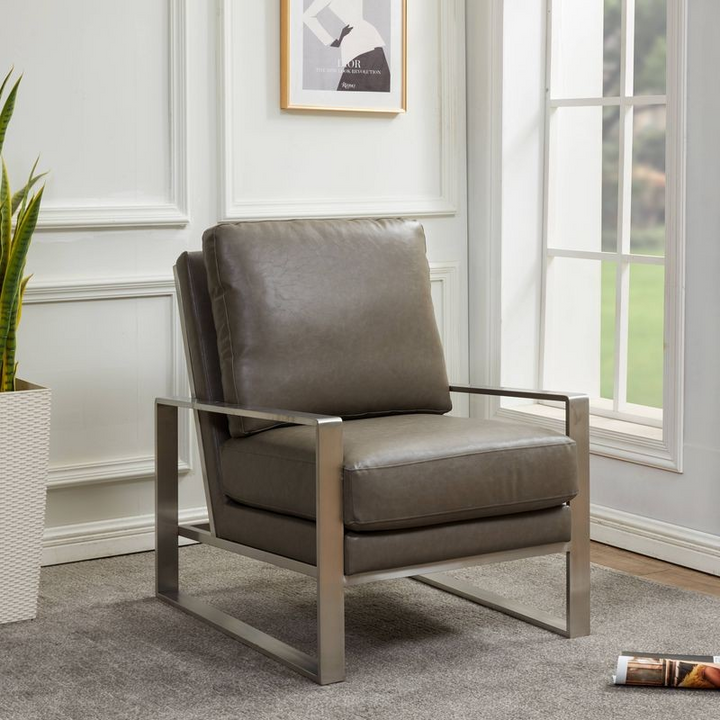 LeisureMod Jefferson Faux Leather Modern Design Accent Armchair with Elegant Silver Frame Grey with Background.