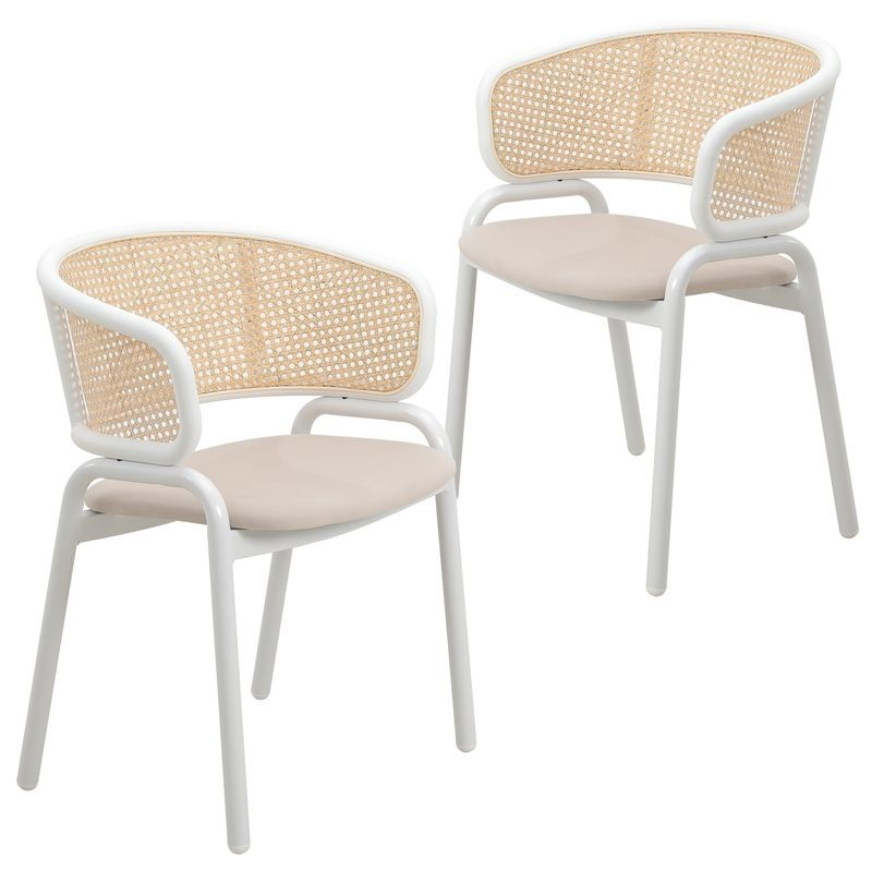 Leisuremod Ervilla Modern Dining Chair with White Powder Coated Steel Legs and Wicker Back, Set of 2 Beige