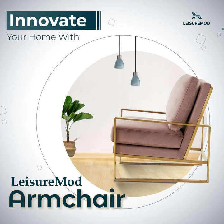 LeisureMod Jefferson Velvet Design Accent Armchair with Gold Brass Finish Frame Pink Innovation