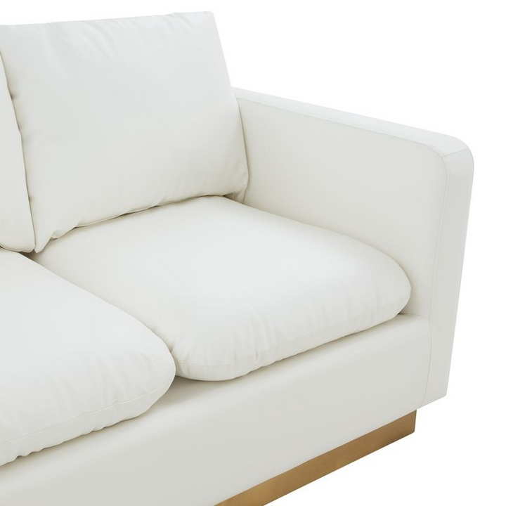 LeisureMod Nervo Modern Mid-Century Upholstered Faux Leather Loveseat with Gold Frame White Closeup.