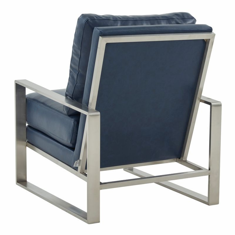 LeisureMod Jefferson Faux Leather Modern Design Accent Armchair with Elegant Silver Frame Navy Blue Back View.