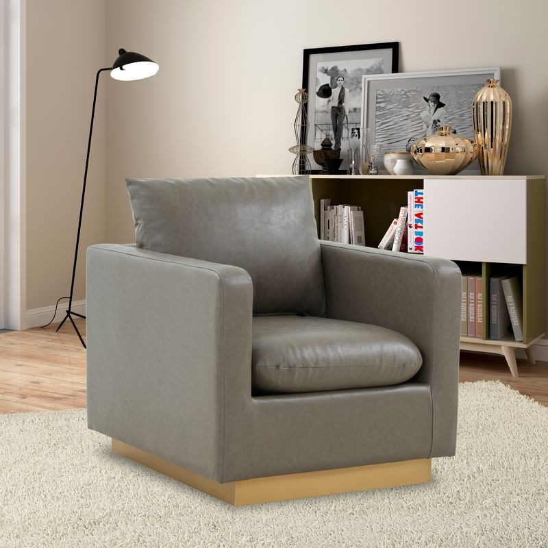 LeisureMod Nervo Faux Leather Accent Armchair with Gold Frame Grey with Background.