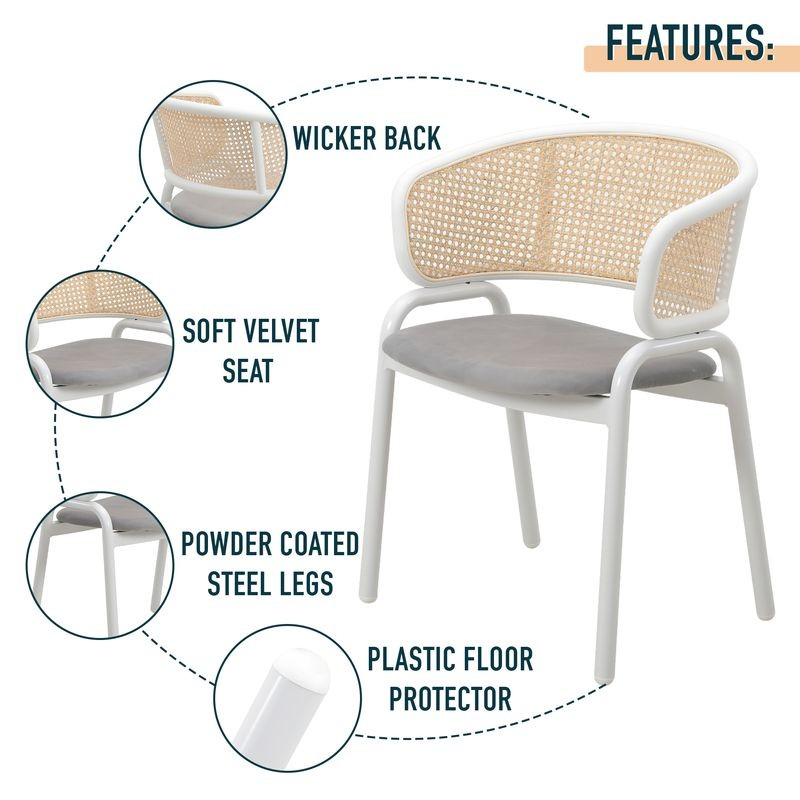 Chair with wicker back and soft velvet seat, featuring powder-coated steel legs and plastic floor protector.