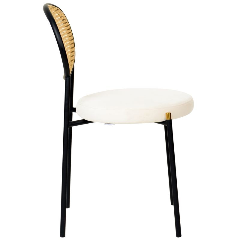LeisureMod Euston Modern Wicker Dining Chair with Velvet Round Seat Beige Side View.