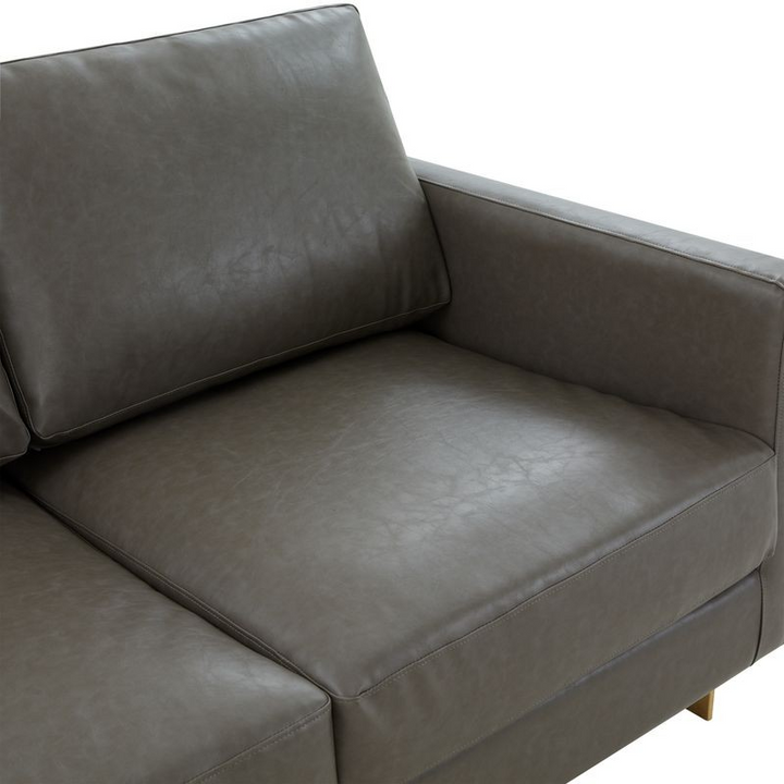 LeisureMod Lincoln Modern Mid-Century Upholstered PU Leather Loveseat with Gold Frame Grey Zoomed In.