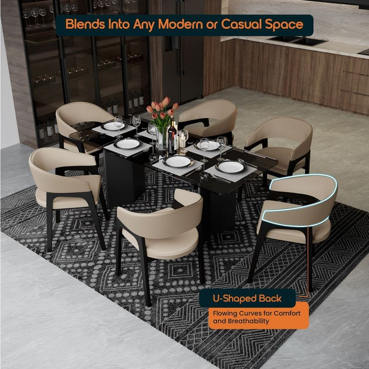 Dining room setup with a table and chairs on a patterned rug, featuring text about U-shaped back design.