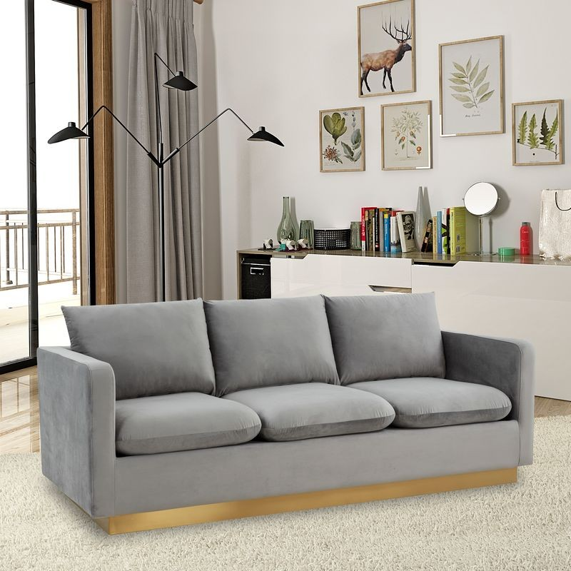 LeisureMod Nervo Modern Mid-Century Upholstered Velvet Sofa with Gold Frame Light Grey with Background.