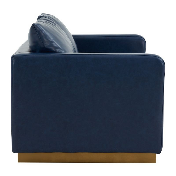 LeisureMod Nervo Modern Mid-Century Upholstered Faux Leather Loveseat with Gold Frame Navy Blue Side View.