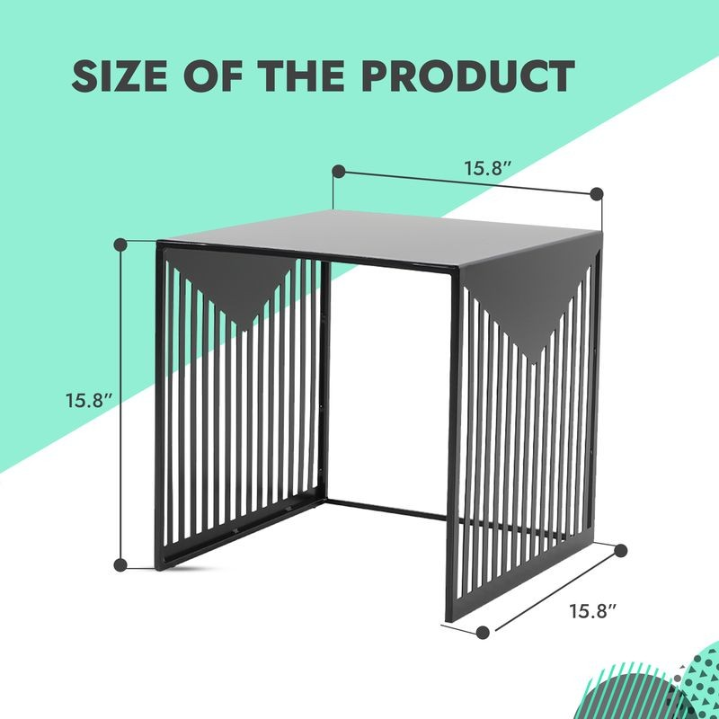 Measurement chart of a small table with dimensions on a green and white background.