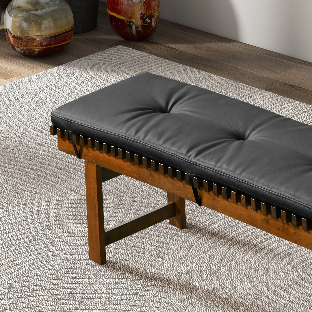 Lucia Bench in Black PU Leather Closeup.