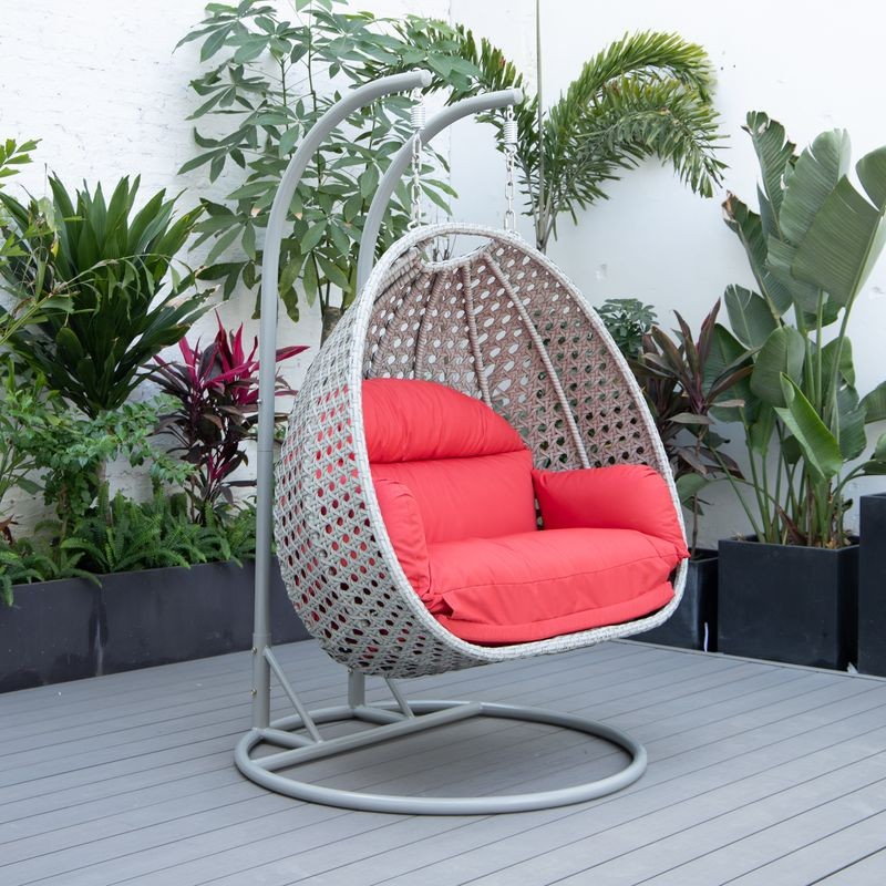 LeisureMod Mendoza Light Grey Wicker Hanging 2 Person Egg Swing Chair Red on Patio.