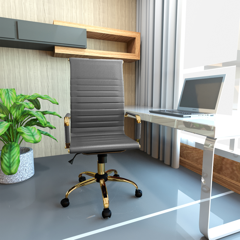LeisureMod Harris High-Back Leatherette Office Chair with Gold Frame Grey at Desk.
