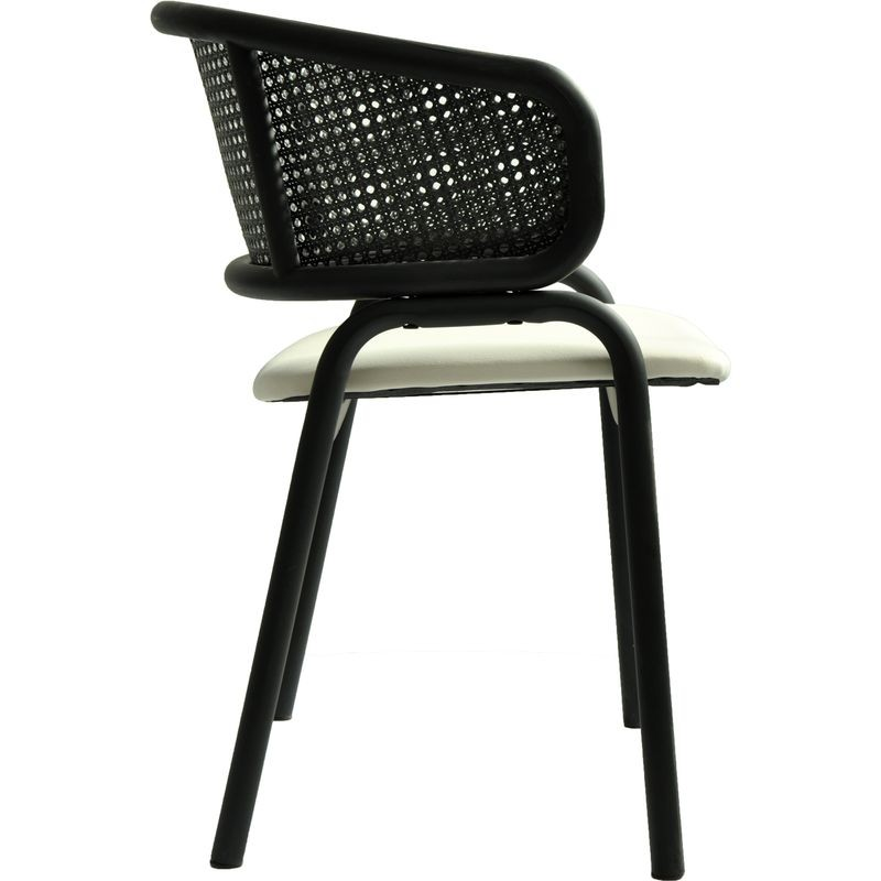 LeisureMod Ervilla Dining Armchair in Black Steel Frame with Black Wicker Back and Beige Seat Side View.