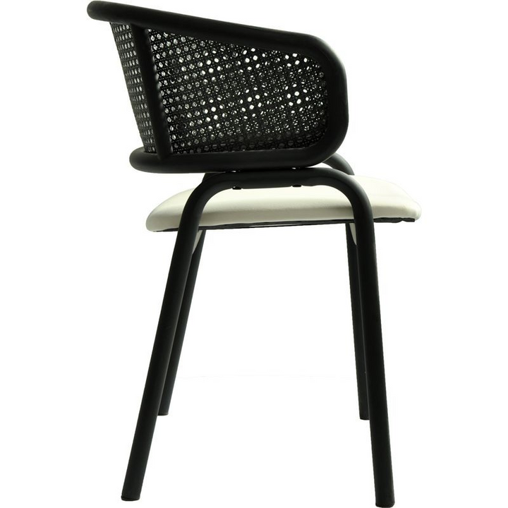 LeisureMod Ervilla Dining Armchair in Black Steel Frame with Black Wicker Back and Beige Seat Side View.