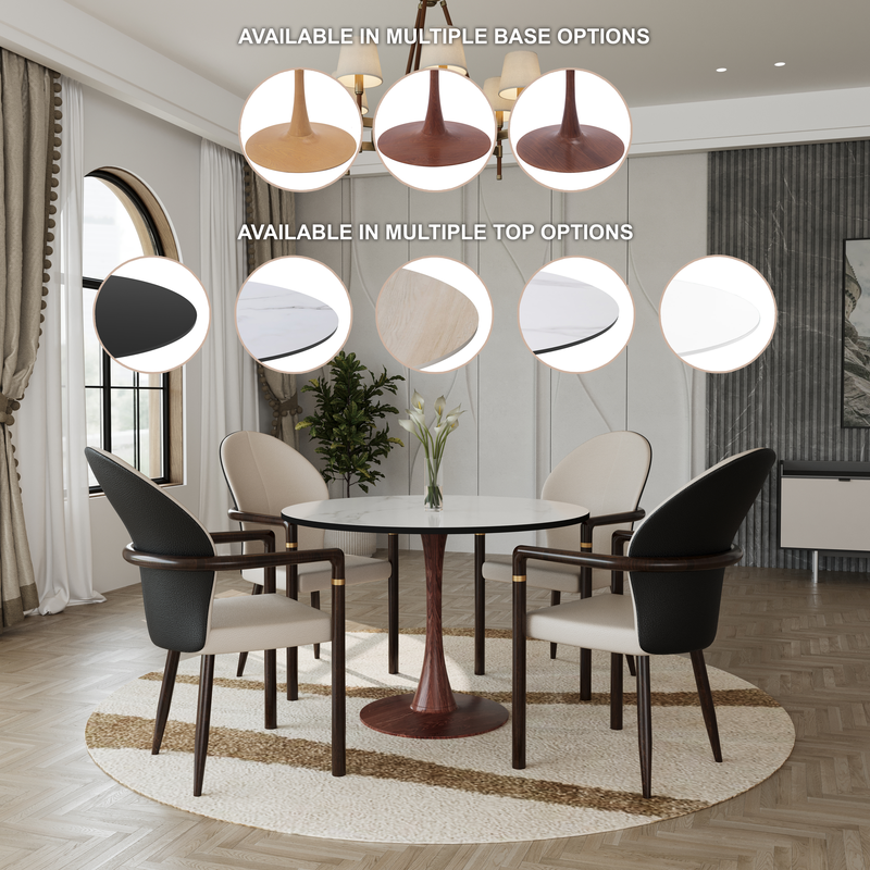 LeisureMod Bristol 40" Round Dining Table Wood Transfer Walnut Base with MDF Marbled White Top in Room.