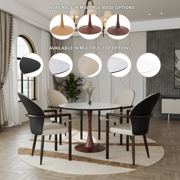 LeisureMod Bristol 40" Round Dining Table Wood Transfer Walnut Base with MDF Marbled White Top in Room.
