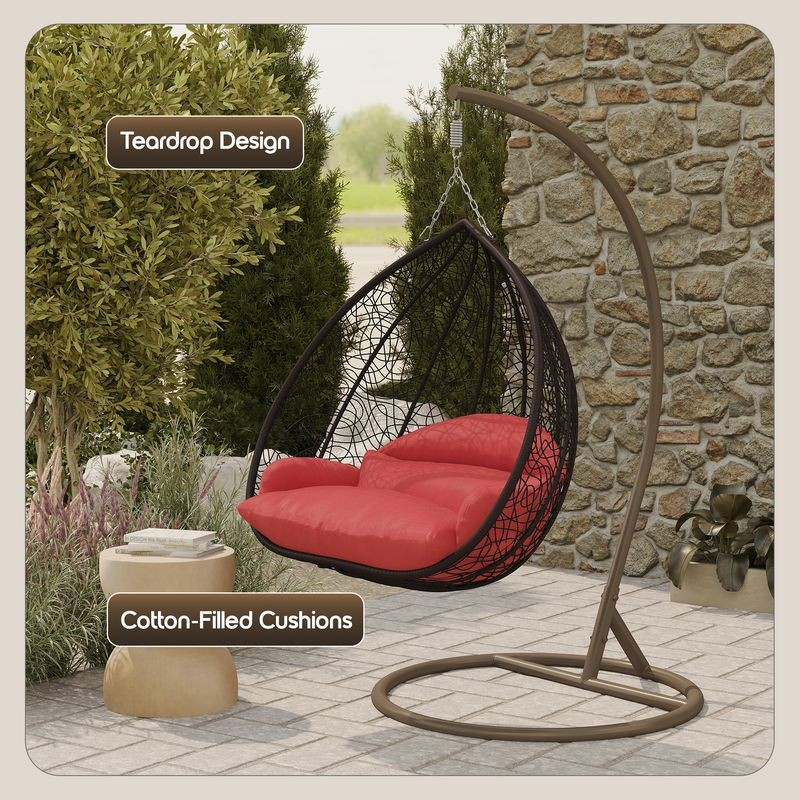 Leisuremod Recluse Collection Modern Outdoor Swing Chair Brown Frame with ES57 Red Cushion Details.