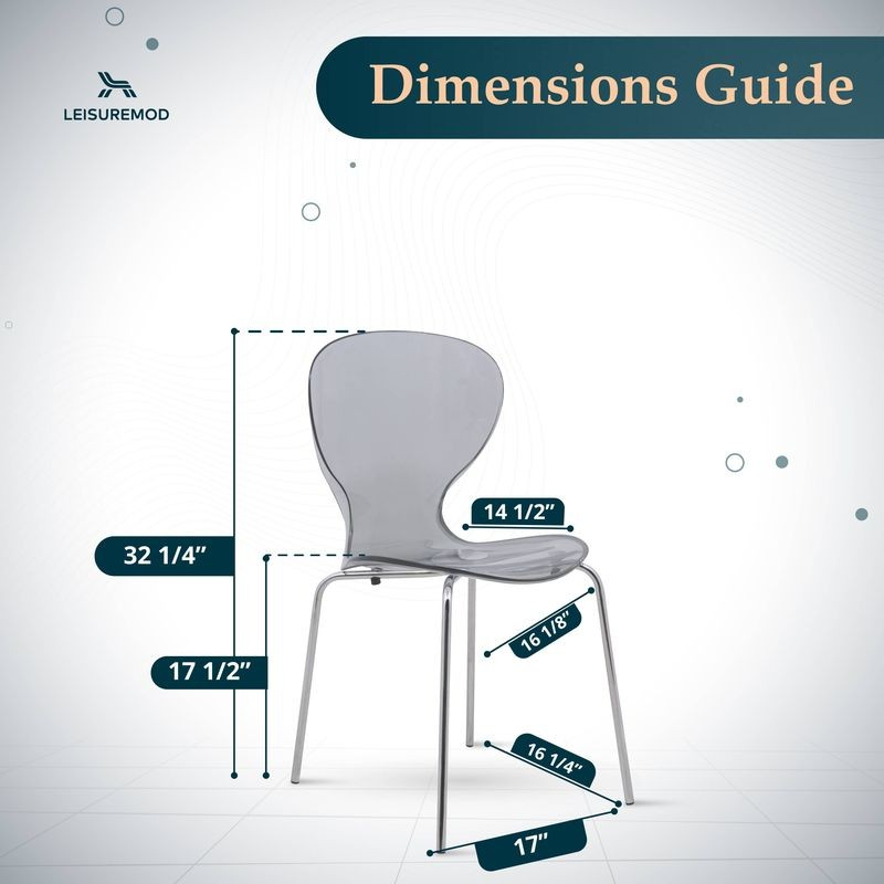 Chair dimensions guide with LeisureMod logo on a white background.