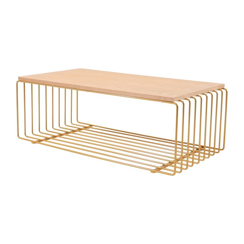 LeisureMod Walden Rectangular Coffee Table with Ash Veneer Top and Powder Coated Steel Frame in Gold without Background.