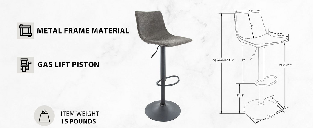 LeisureMod Tilbury Modern Adjustable Bar Stool with Footrest and 360-Degree Swivel in Grey Dimensions.