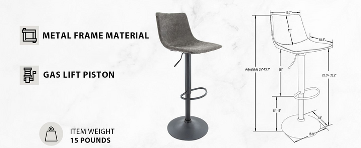 LeisureMod Tilbury Modern Adjustable Bar Stool with Footrest and 360-Degree Swivel in Grey Dimensions.