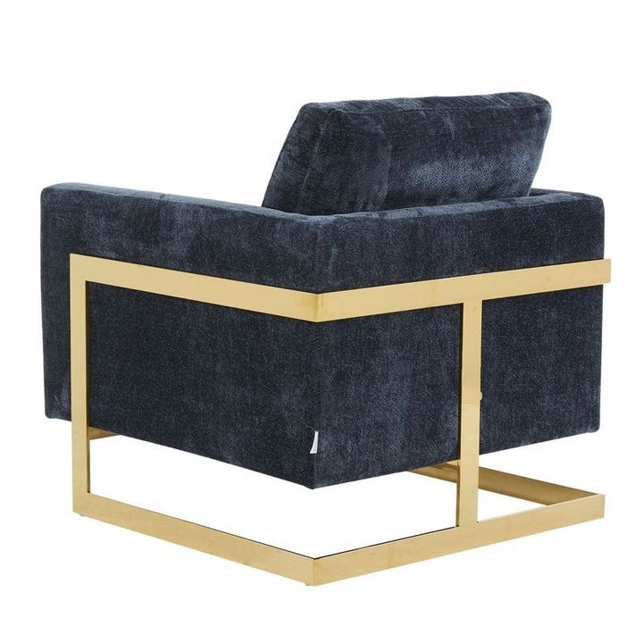 LeisureMod Lincoln Boucle Fabric Accent Armchair with Gold Stainless Steel Frame and Removable Back Cushion in Blue Back View
