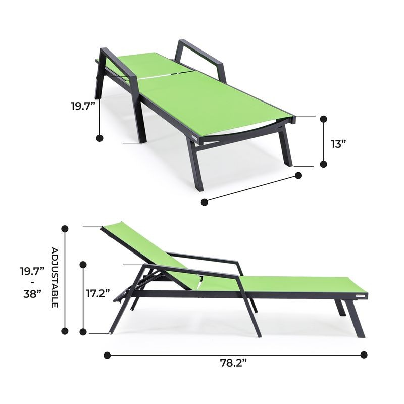 LeisureMod Marlin Patio Chaise Lounge Chair with Armrests in Black Aluminum Frame Green Dimensions.
