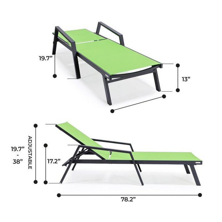 LeisureMod Marlin Patio Chaise Lounge Chair with Armrests in Black Aluminum Frame Green Dimensions.