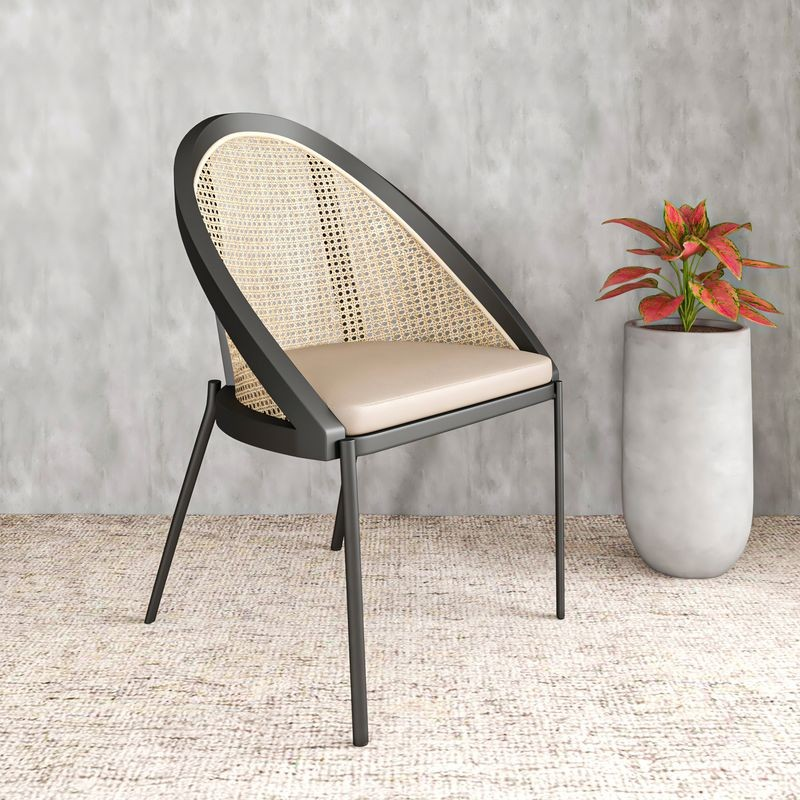 LeisureMod Urbane Collection Modern Dining Chair with Wicker Back in Toupe with Background.