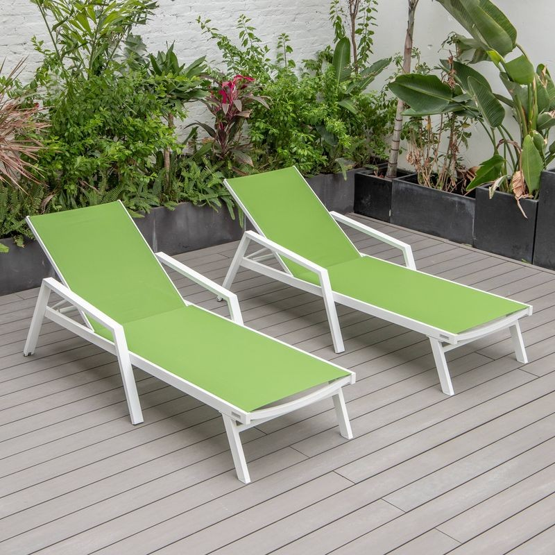 LeisureMod Marlin Patio Chaise Lounge Chair with Armrests in White Aluminum Frame, Set of 2 in Green