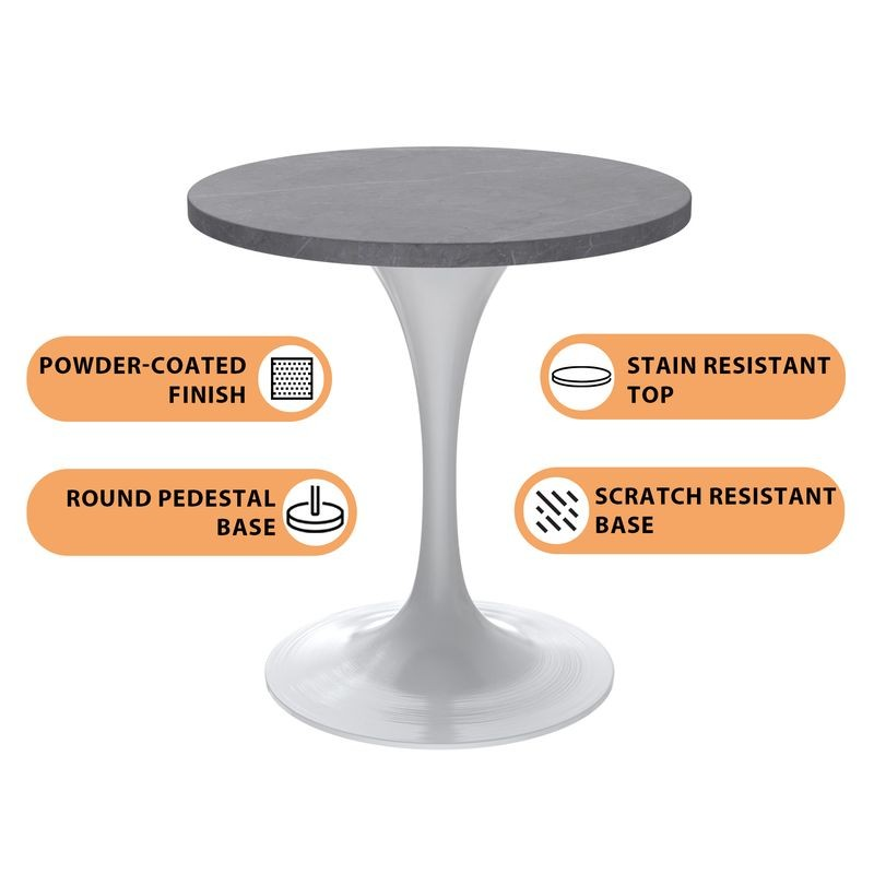 LeisureMod Verve Collection 27 Round Dining Table, White Base with Sintered Stone Grey Top Details.
