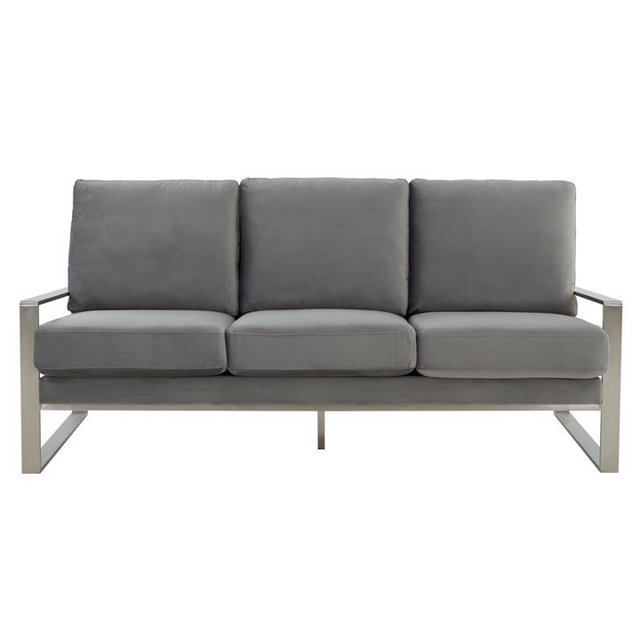 LeisureMod Jefferson Contemporary Modern Design Velvet Sofa with Silver Frame Light Grey Front View.