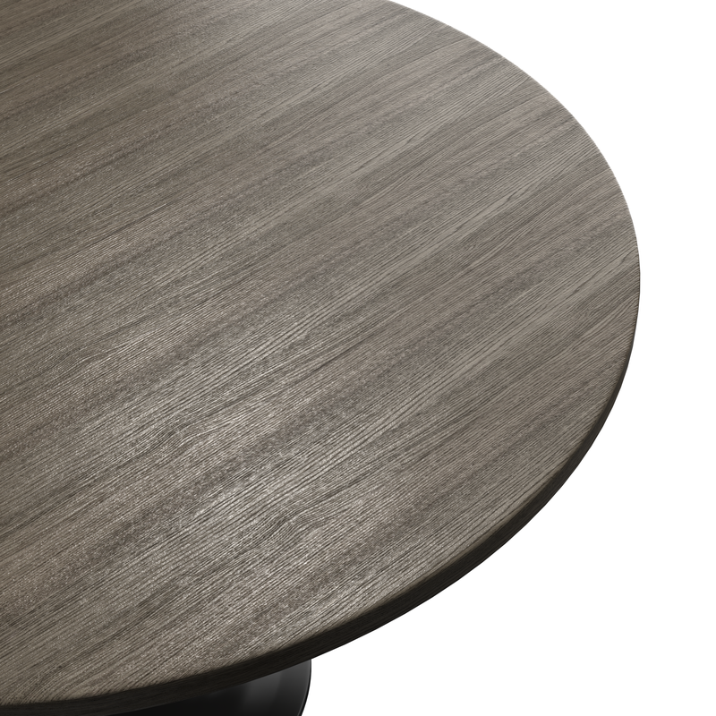 LeisureMod Verve Collection 48 Round Dining Table, Black Base with Dark Maple MDF Top Closeup.