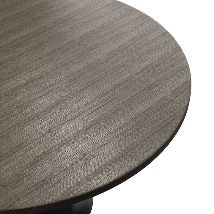 LeisureMod Verve Collection 48 Round Dining Table, Black Base with Dark Maple MDF Top Closeup.