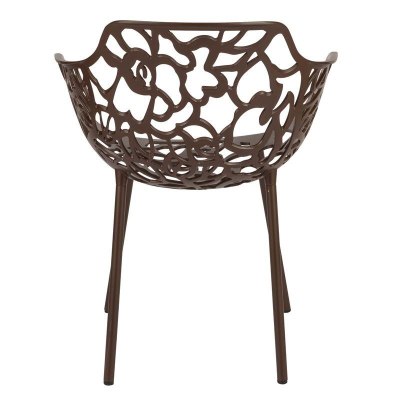 Decorative brown chair with intricate cut-out design on a white background.