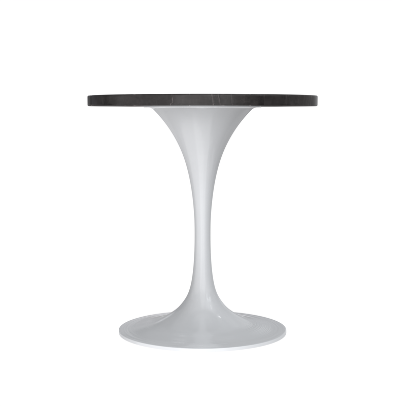 LeisureMod Verve Collection 27 Round Dining Table, White Base with Sintered Stone Black Top Side View.