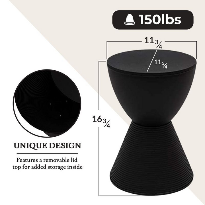 Black container with measurements and design features on a white background.