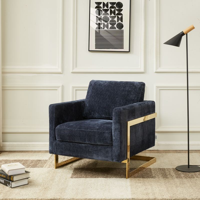 LeisureMod Lincoln Boucle Fabric Accent Armchair with Gold Stainless Steel Frame and Removable Back Cushion in Blue with Background.