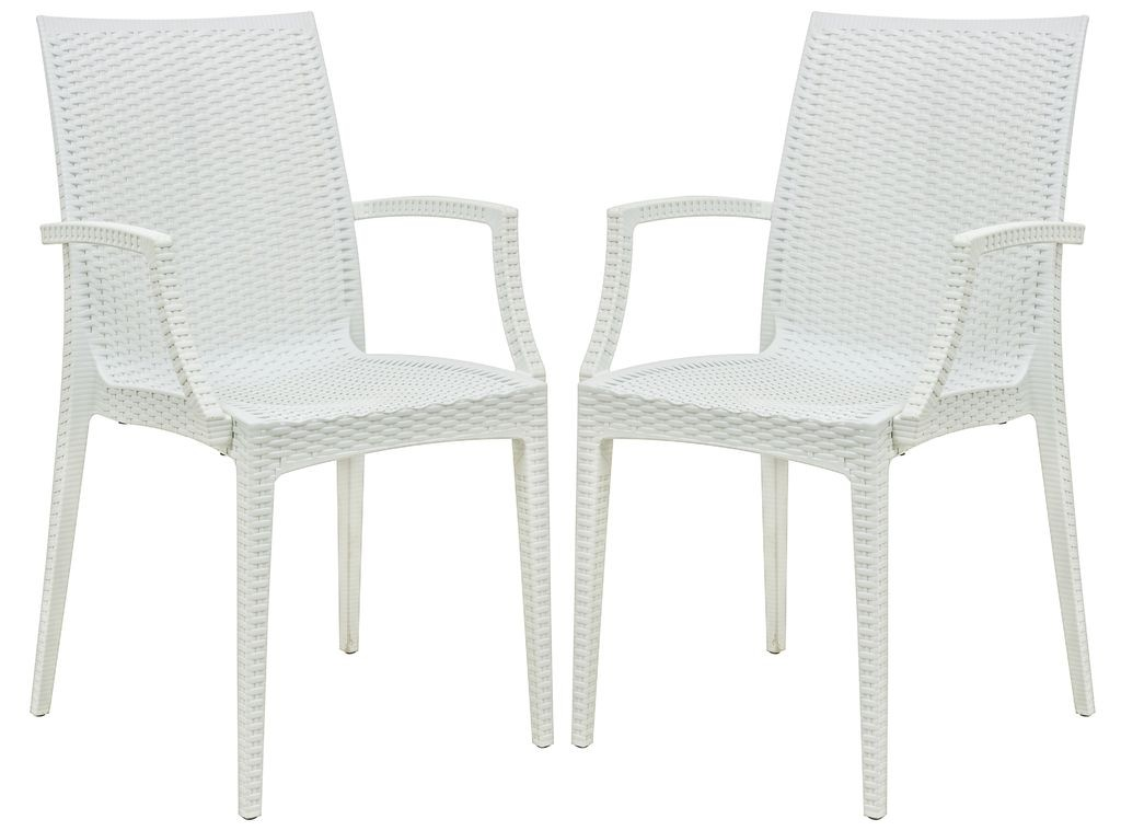 LeisureMod Weave Mace Indoor/Outdoor Chair (With Arms), Set of 2 White