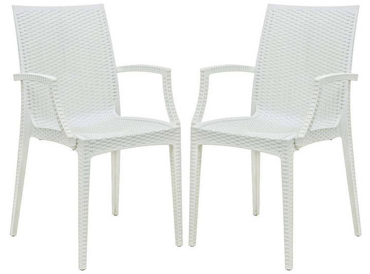 LeisureMod Weave Mace Indoor/Outdoor Chair (With Arms), Set of 2 White