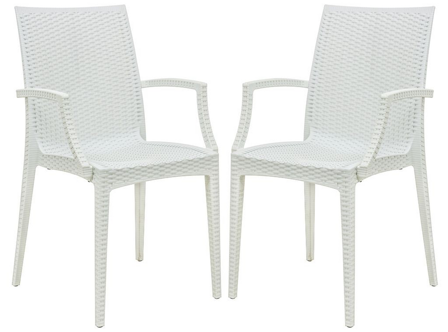 LeisureMod Weave Mace Indoor/Outdoor Chair (With Arms), Set of 2 White