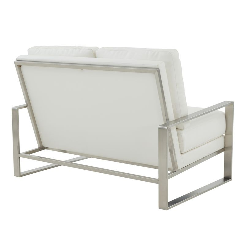 Leisuremod Jefferson Contemporary Modern Faux Leather Loveseat with Silver Frame White Back View.