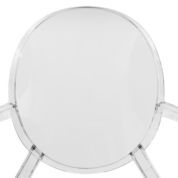 Clear acrylic chair with circular design on a white background.