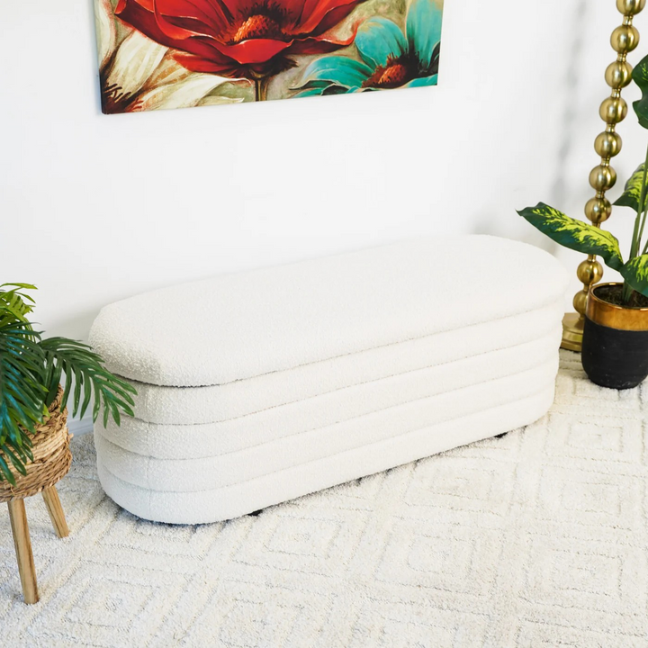 Cabana White Boucle Bench w/Storage Photo.