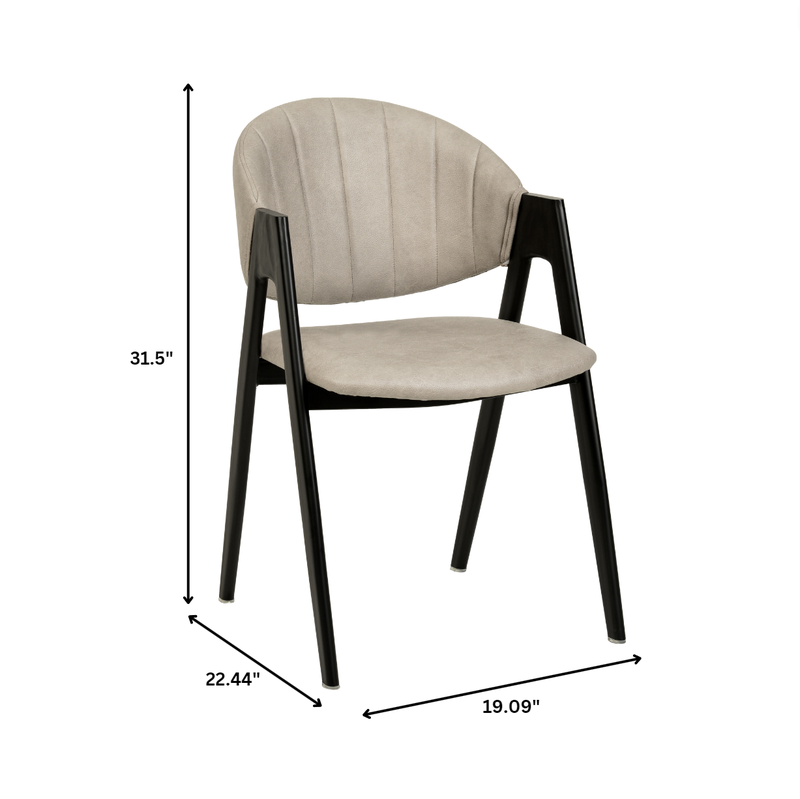 Beige chair with black legs and dimensions indicated on a white background.