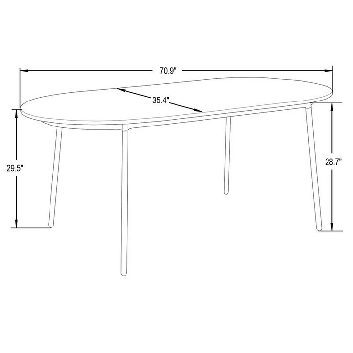 LeisureMod Tule Modern 71" Oval Dining Table with MDF Top and Black Steel Legs in Natural Wood Dimensions.
